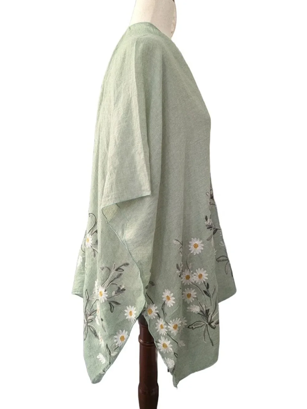 NWOT Sage Green Open-front Woven Kimono with Embroidered Daisy Hem